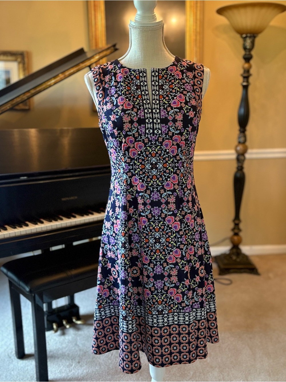 Sleeveless Navy Floral Fit-and-Flare Dress with Pink Accents